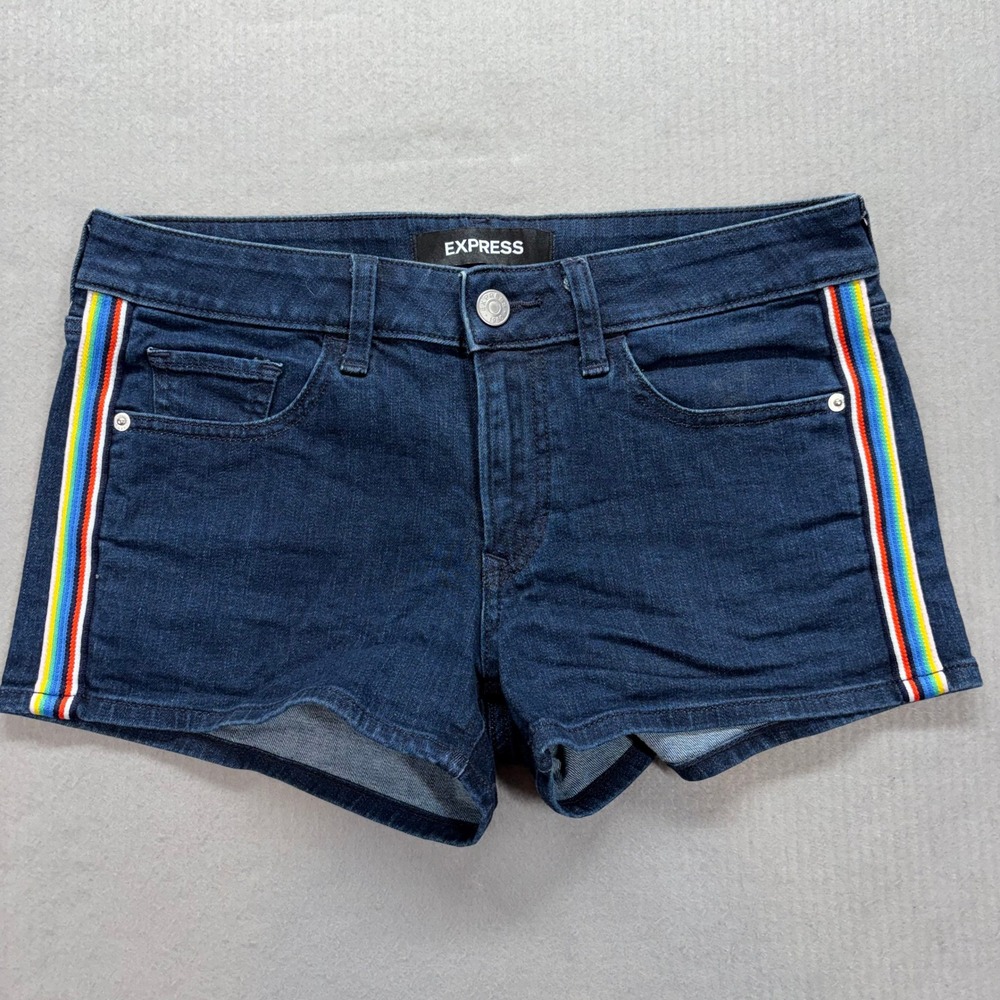 Express Shortie Denim Shorts Womens 2 Blue Rainbow Side Stripe Low Rise 400328